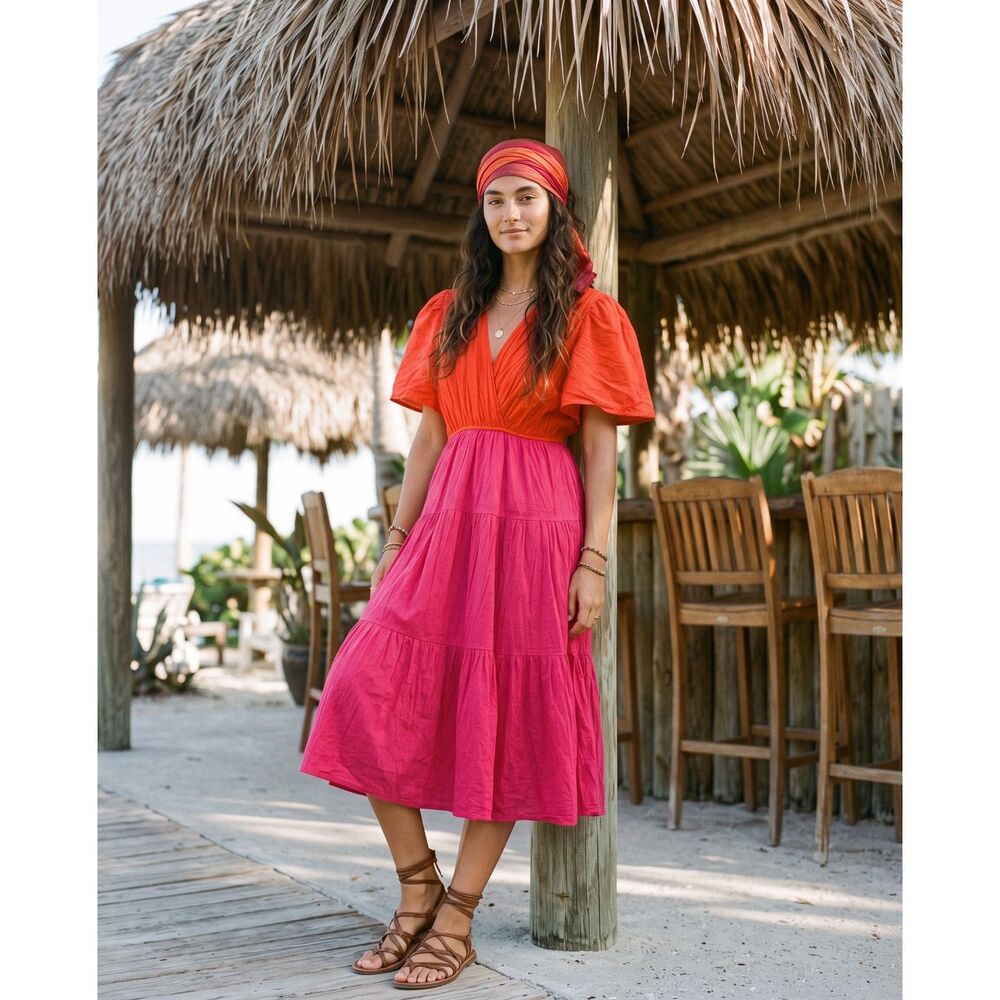 R.Vivimos Colorblock Wrap Midi Dress Red Pink Boho Tiered XL 16/18